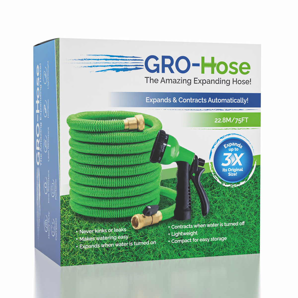 GRO-Hose GREEN 75ft Expandable Hose With Sprayer Nozzle & Brass Valve