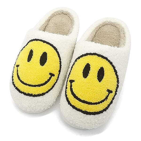 Smiley Face Plush Slippers for Indoors & Outdoors - White & Yellow (Multiple Sizes)